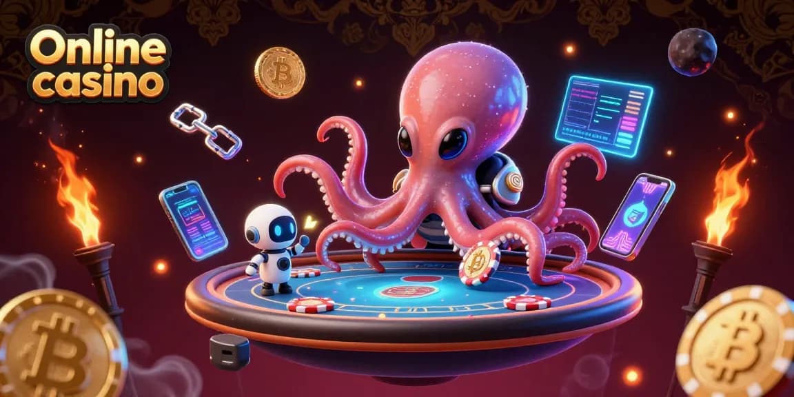 Experience exciting gameplay at our Online casino with a vibrant alien octopus hosting a holographic poker table.