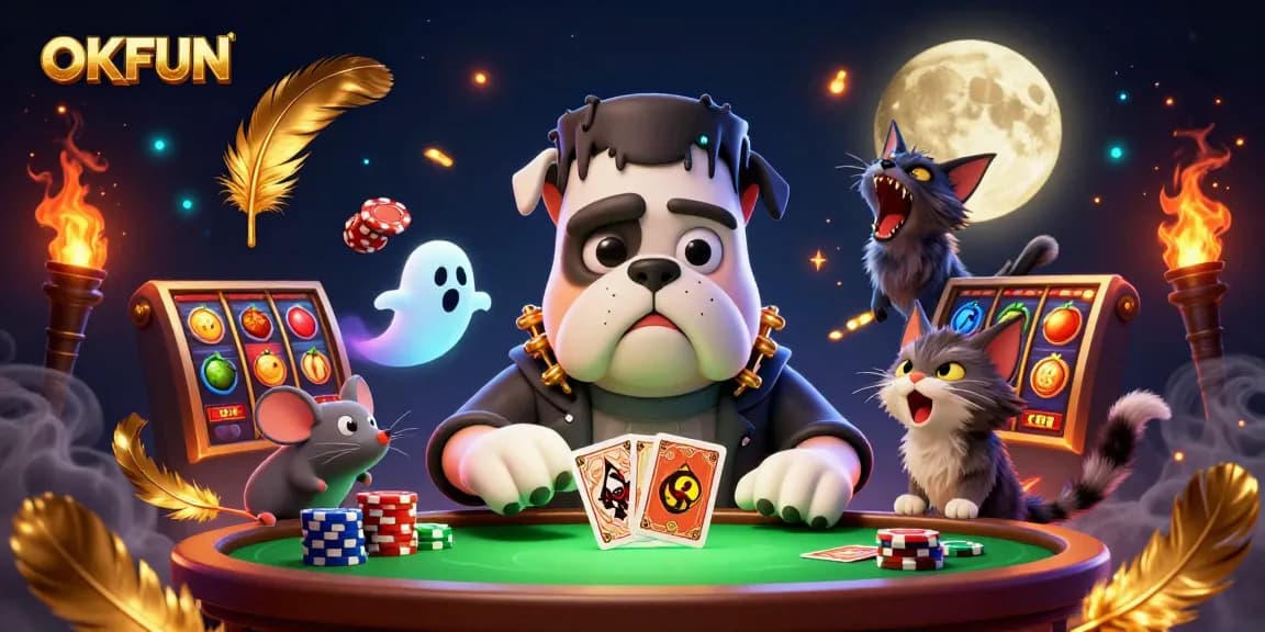 Experience high-stakes thrills with OKFUN's lively casino scene featuring unique characters and slot visuals.