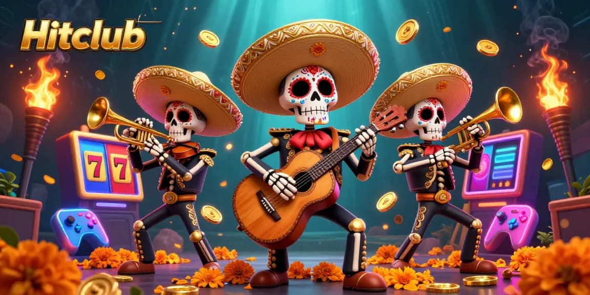 Hitclub showcases vibrant 3D mariachi skeletons celebrating while spinning slot machines and glowing coins.