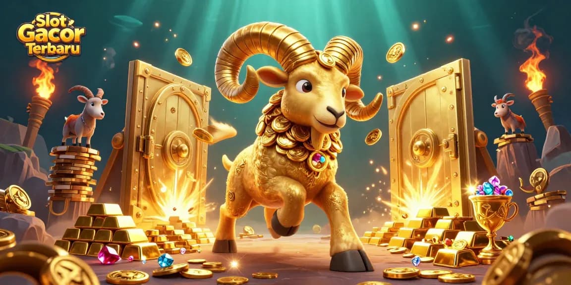 Experience Slot Gacor Terbaru with a vivid illustration featuring golden ram and treasures showering down.