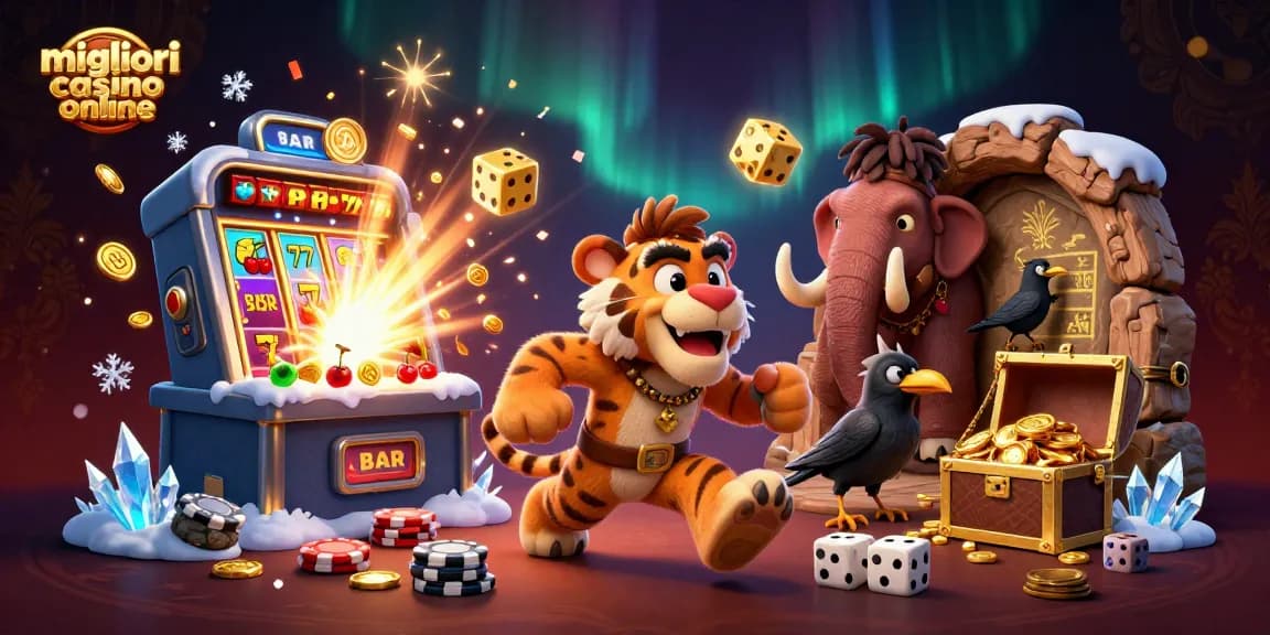 I migliori casino online presentano una scena vibrante con un duo di cavernicoli, simboli di jackpot e un'atmosfera accattivante.