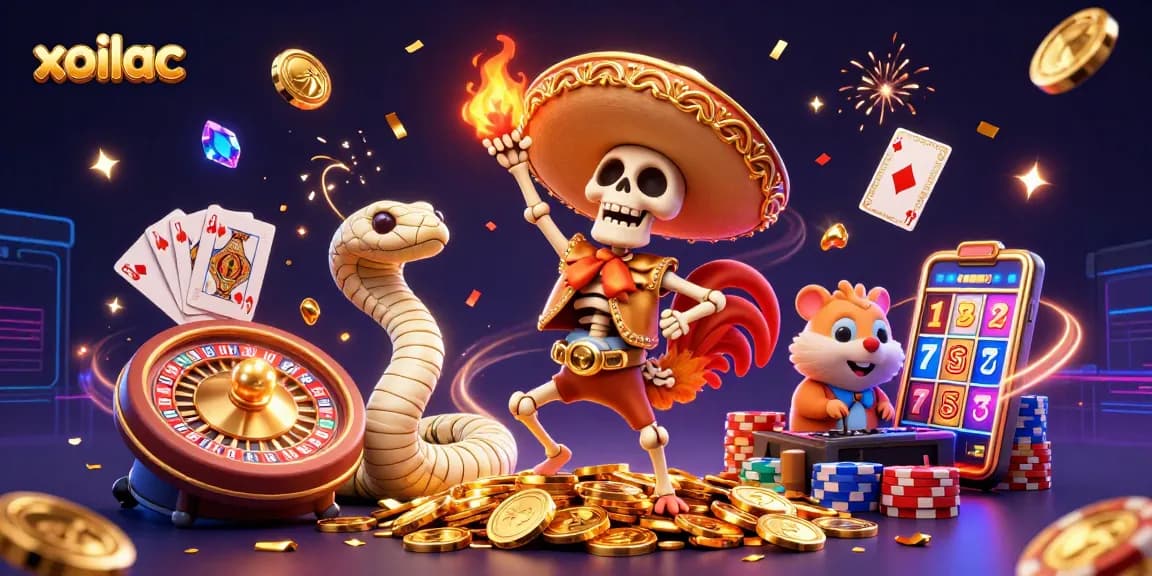 Xoilac showcases thrilling casino action with festive characters and vibrant visuals in this captivating illustration.