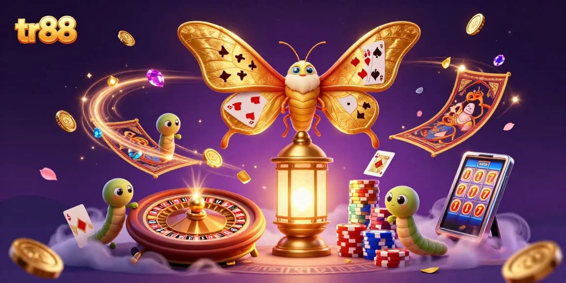 Experience thrilling gameplay with tr88 as giant golden moths soar above a vivid casino landscape.