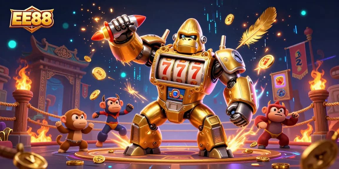 Engage in thrilling gameplay with EE88's golden gorilla mech surrounded by vibrant casino elements.