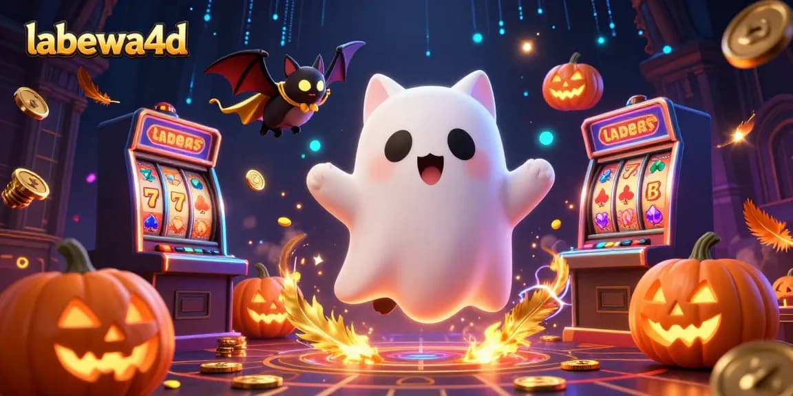 Gambarkan aksi menarik labewa4d dengan kucing hantu dan simbol slot di kasino