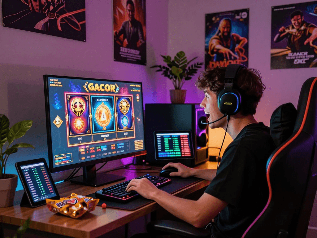 Excited player engaging with slot gacor game on a vibrant home setup.