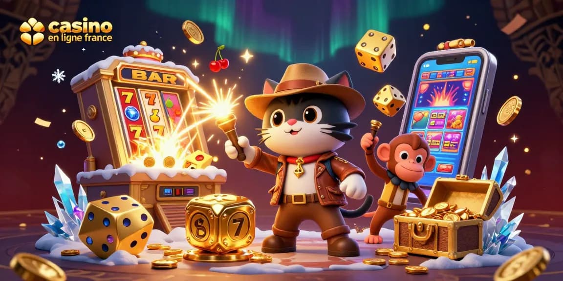 Jouez au casino en ligne France avec des machines à sous éclatantes et un chat archéologue explorant.