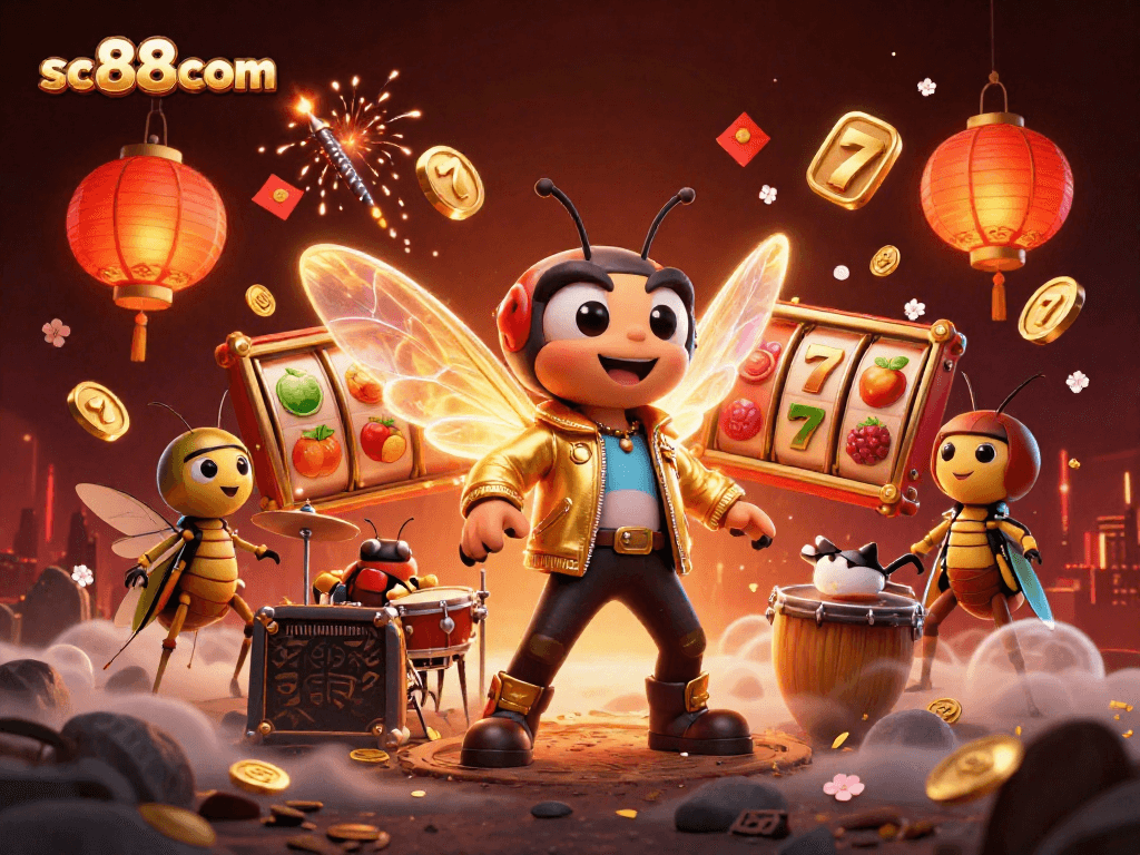 Experience the excitement of sc88com with a vibrant 3D illustration featuring rock star action and casino elements