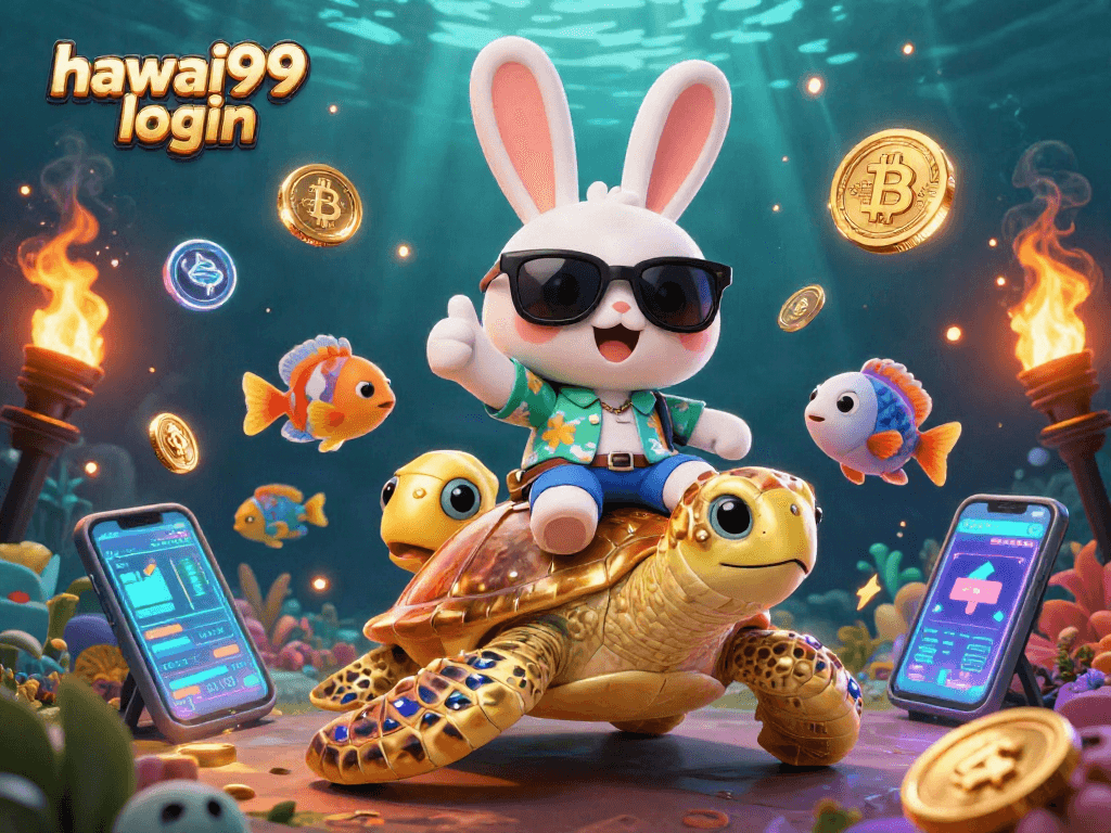 Engage with the hawai99 login experience featuring a playful rabbit and a golden turtle in a vibrant digital casino setting.
