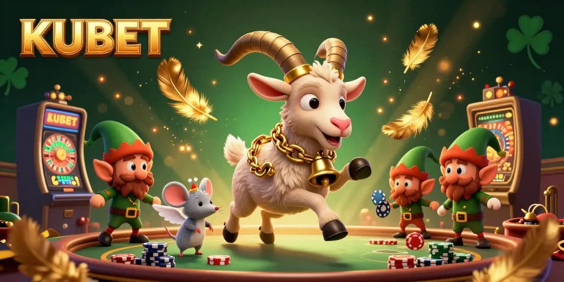 KUBET showcases a vibrant and dynamic casino scene featuring a festive Krampus goat and playful gremlins around poker chips.