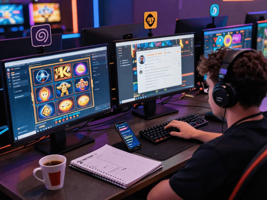 Player engaged with link gacor online slots, showcasing vibrant gaming environment and community support.