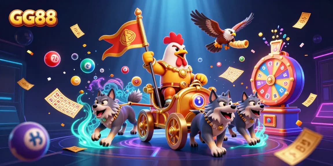 Spin your luck with GG88 in a vibrant 3D lottery scene filled with dynamic elements.