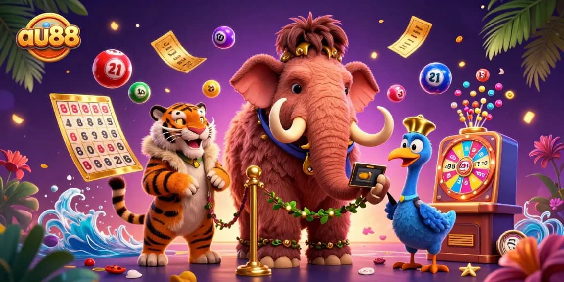 Exciting au88 casino scene with colorful lottery elements and vibrant characters engaging in gaming.