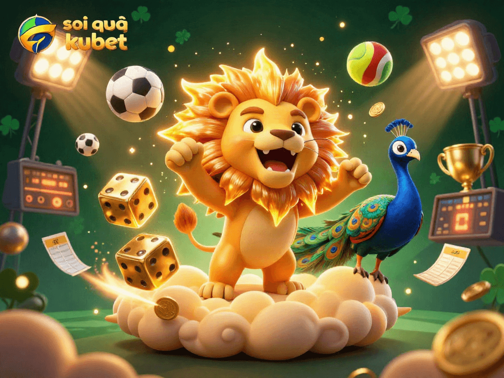 Soi cầu kubet illustration capturing a dynamic betting scene with a roaring lion, golden dice, and sports elements, showcasing preeminent gambling excitement.