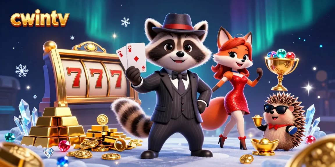 Play at cwintv and join the 3D raccoon with a royal flush amidst a sparkling casino atmosphere.