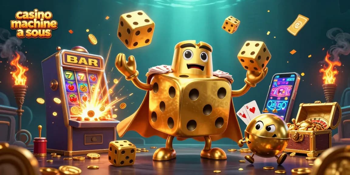 Joue à des machines à sous de casino avec un golem de dés dorés, machines à sous et rayons lumineux.