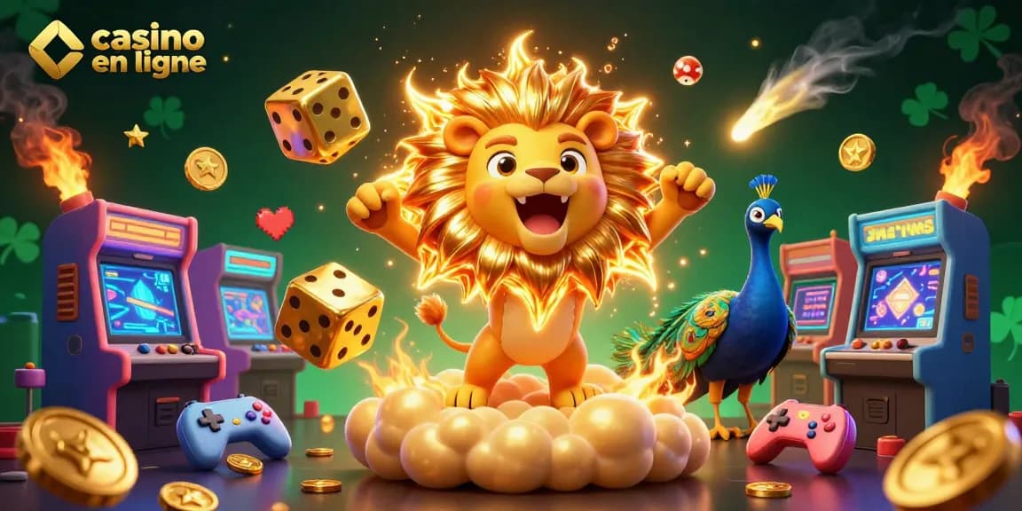 Jouez à des jeux captivants dans un casino en ligne avec un lion solaire et des dés dorés.