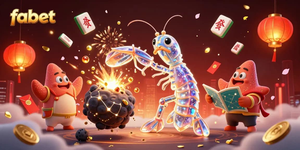 Win big with Fabet as a galactic samurai shrimp explores riches in this colorful casino-themed illustration.