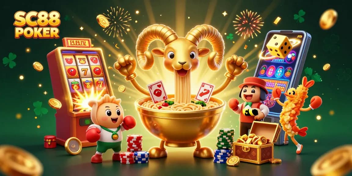 Experience dynamic gameplay with SC88 POKER as a giant ramen bowl dealer and colorful casino elements.