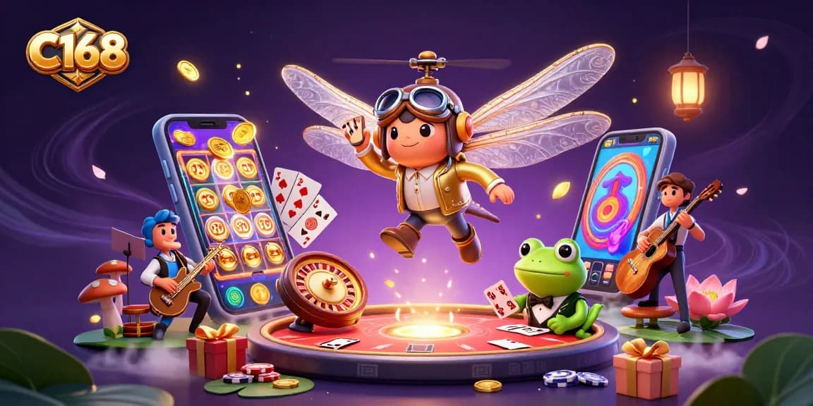 Experience C168's captivating casino atmosphere with a vibrant dragonfly pilot and card-dealing frog.