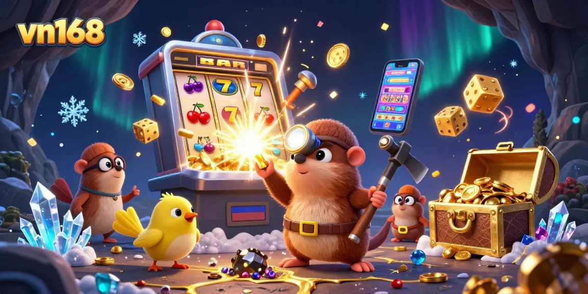 Spin jackpots and win at vn168 with a vibrant 3D casino illustration featuring thrilling game elements.