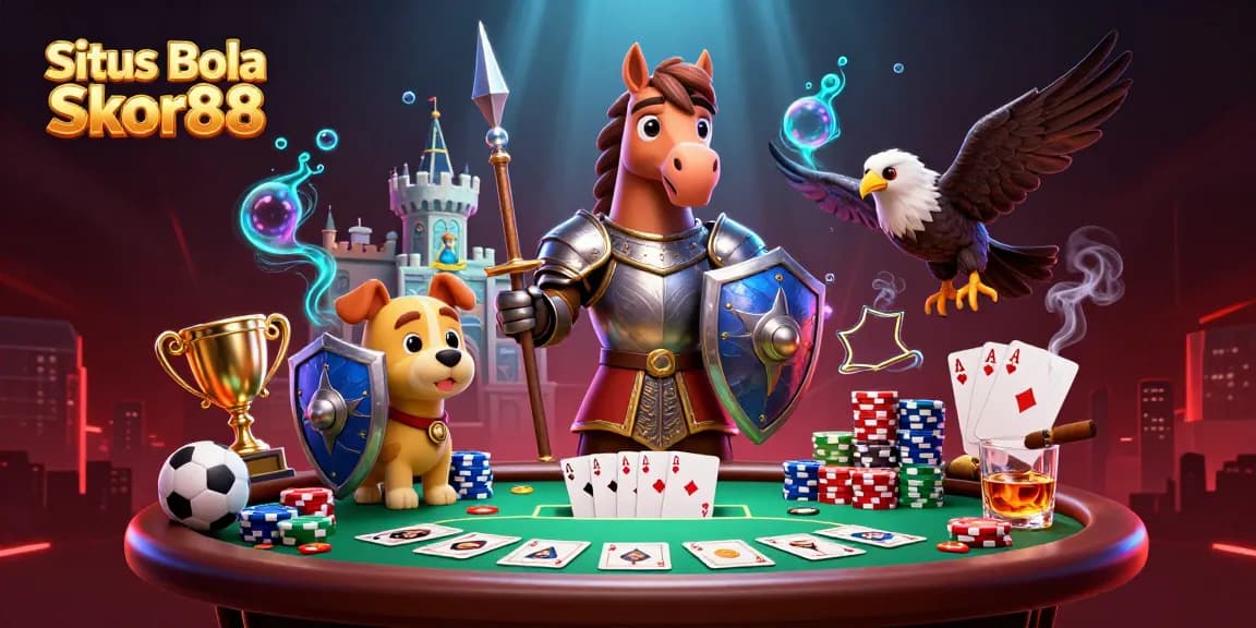 Situs Bola Skor88 showcases an engaging sports betting scene with a knight, squire, and falcon amidst dynamic gaming elements.