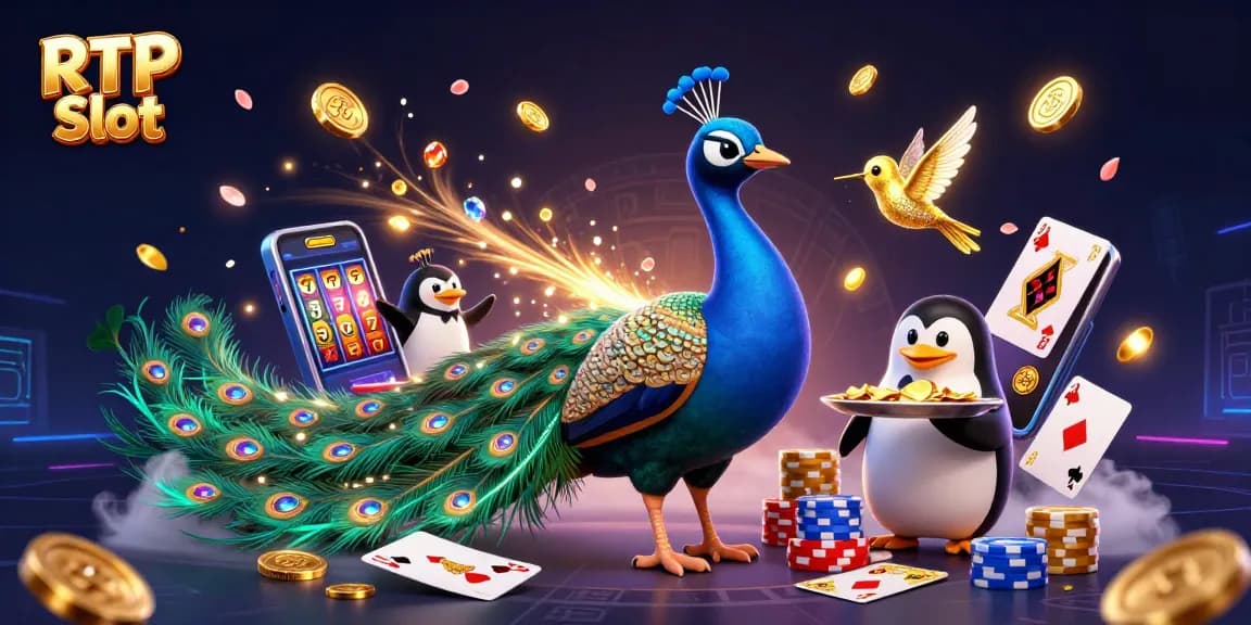 Experience RTP Slot dynamics with a colorful casino scene featuring a peacock and gaming elements.
