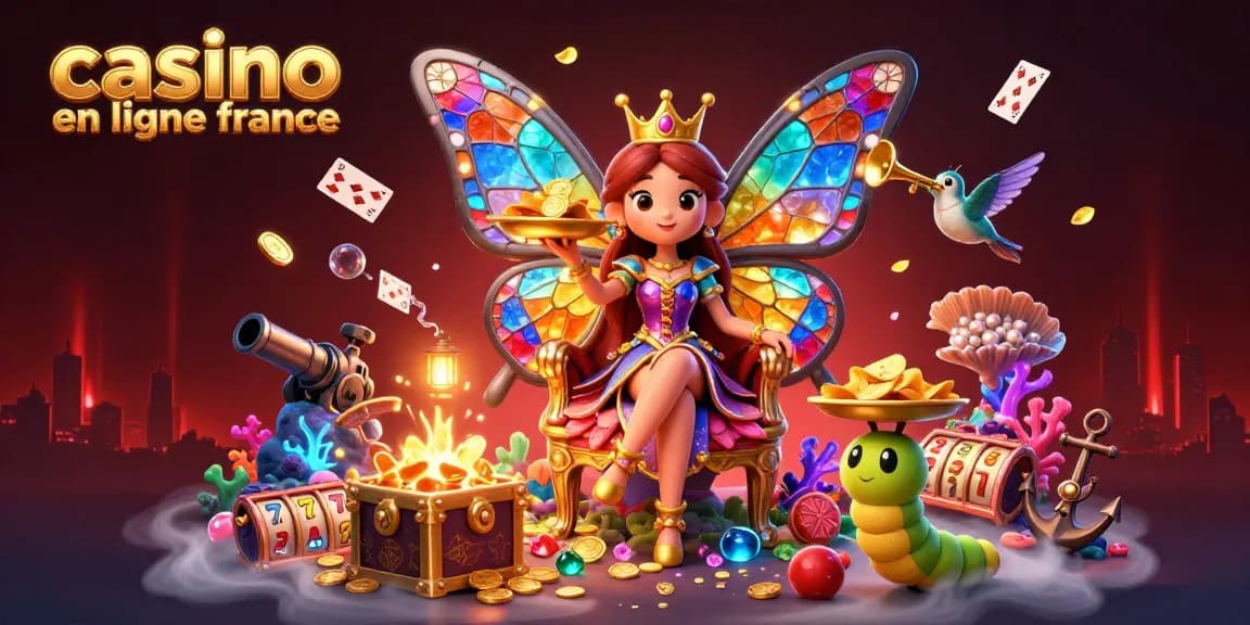 Jouez sur des machines à sous dans un casino en ligne France entouré de personnages fantastiques et d'éléments de jeu colorés.