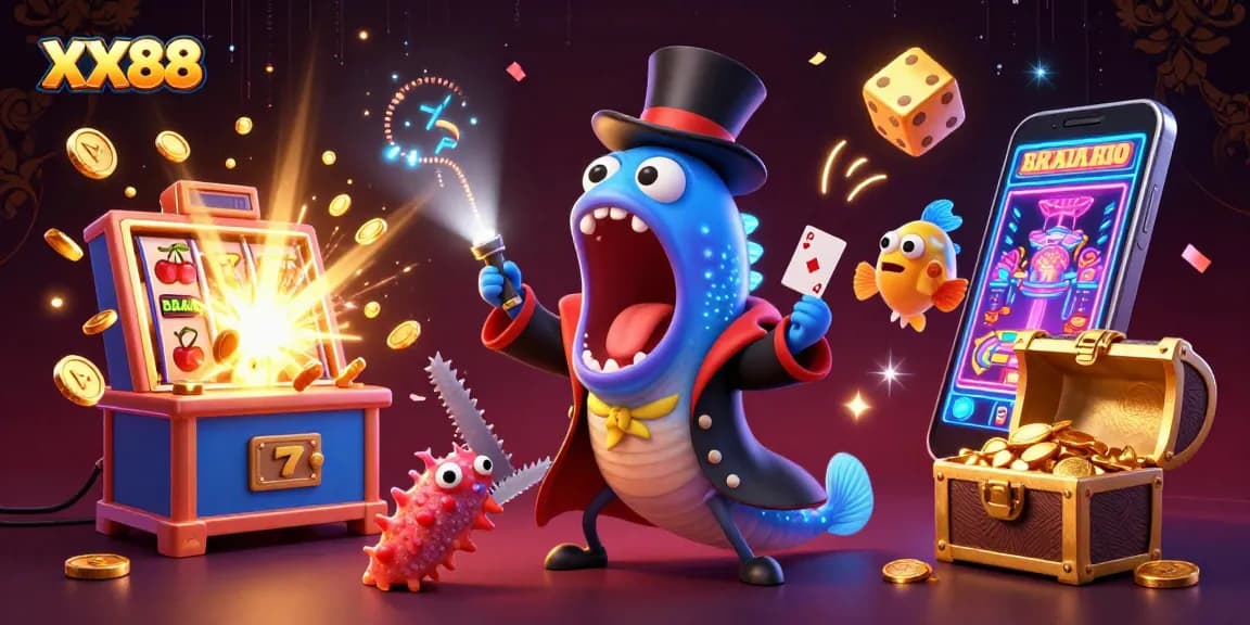 Experience thrilling gaming with XX88 in this vibrant 3D casino scene filled with excitement.