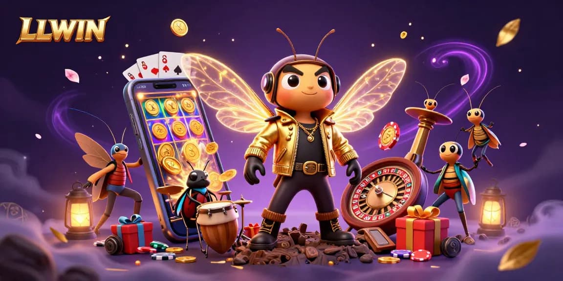 LLWIN offers an exciting gaming experience with a vibrant scene of a rock star, drummer, and backup singers amidst captivating gaming elements.