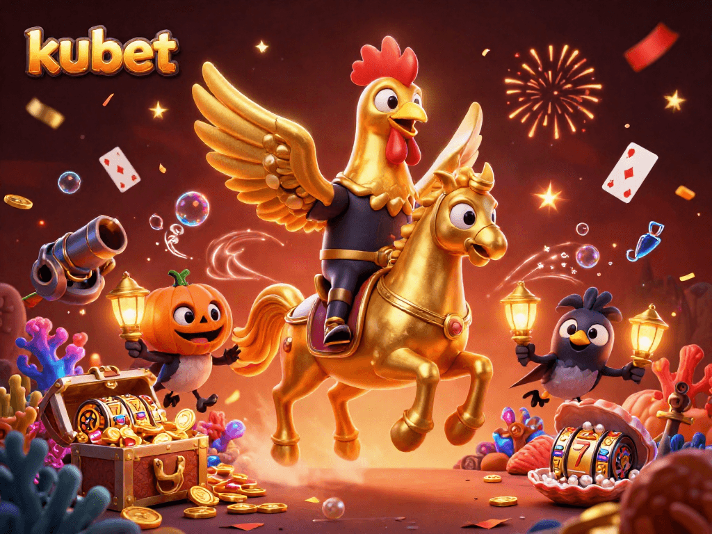 Engage with the thrilling kubet casino adventure featuring a golden rooster in a magical scene.