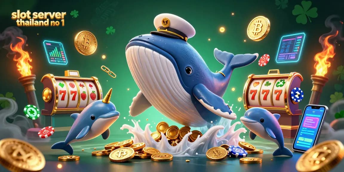 Play slots at slot server thailand no 1 with a whimsical 3D scene featuring a whale, narwhal, and dolphins.