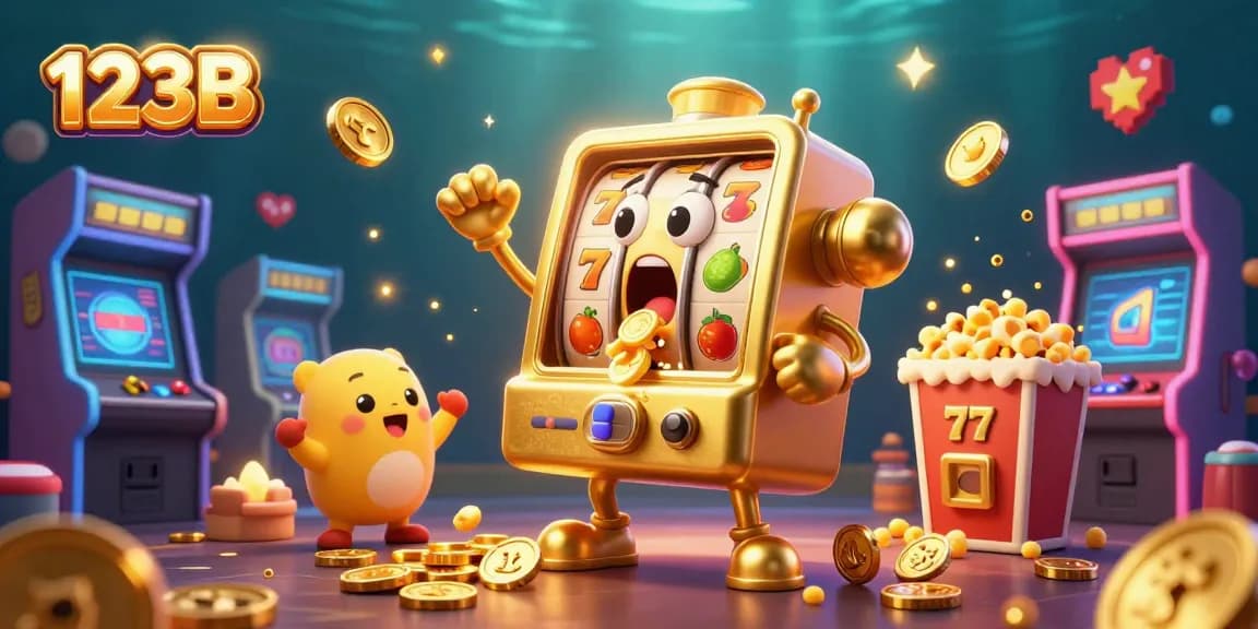 Celebrate big wins with 123B as a golden slot machine hits the jackpot, surrounded by cheering friends and joyful elements.