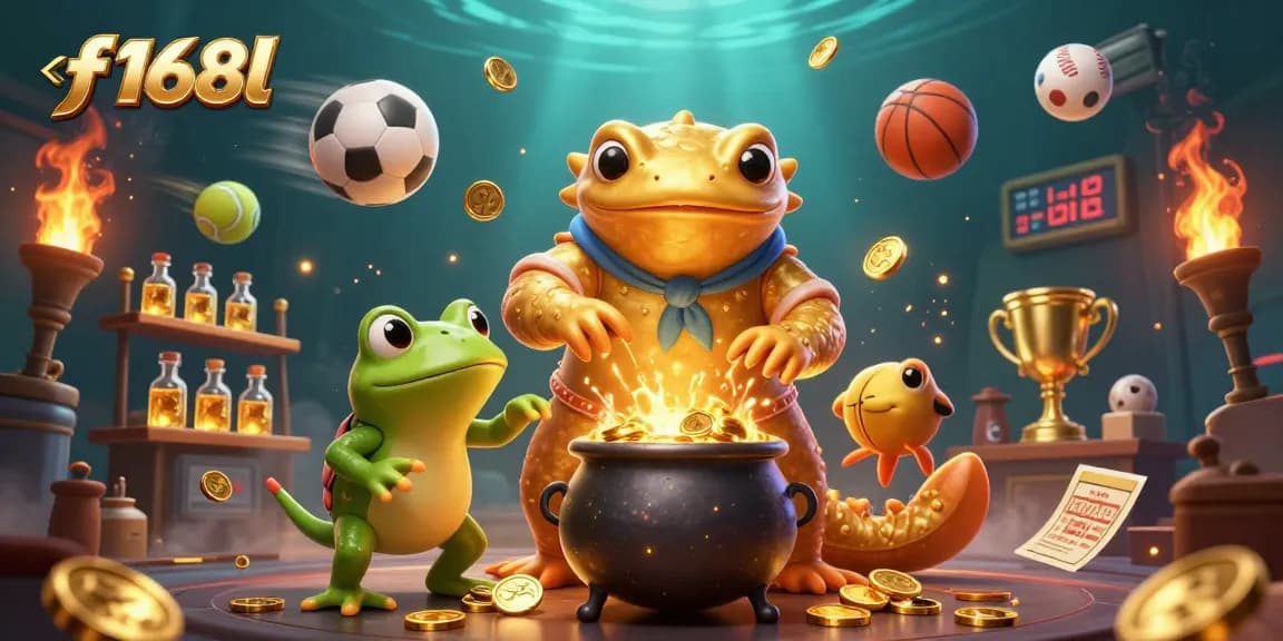 Experience f168l's exhilarating gaming adventure with a golden salamander and sports elements.