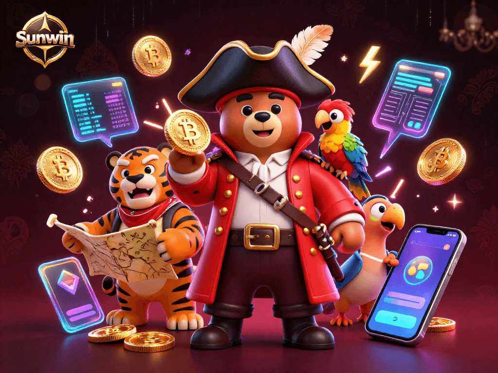 Experience thrilling gambling with Sunwin as pirate captain bear and tiger explore treasure maps with crypto coins.
