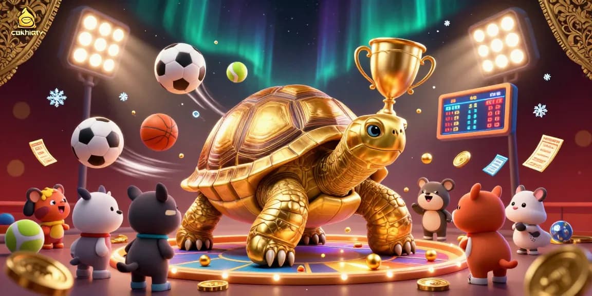 Cakhiatv offers an exciting sports betting experience with a dynamic golden tortoise pinball machine surrounded by vibrant sports elements.