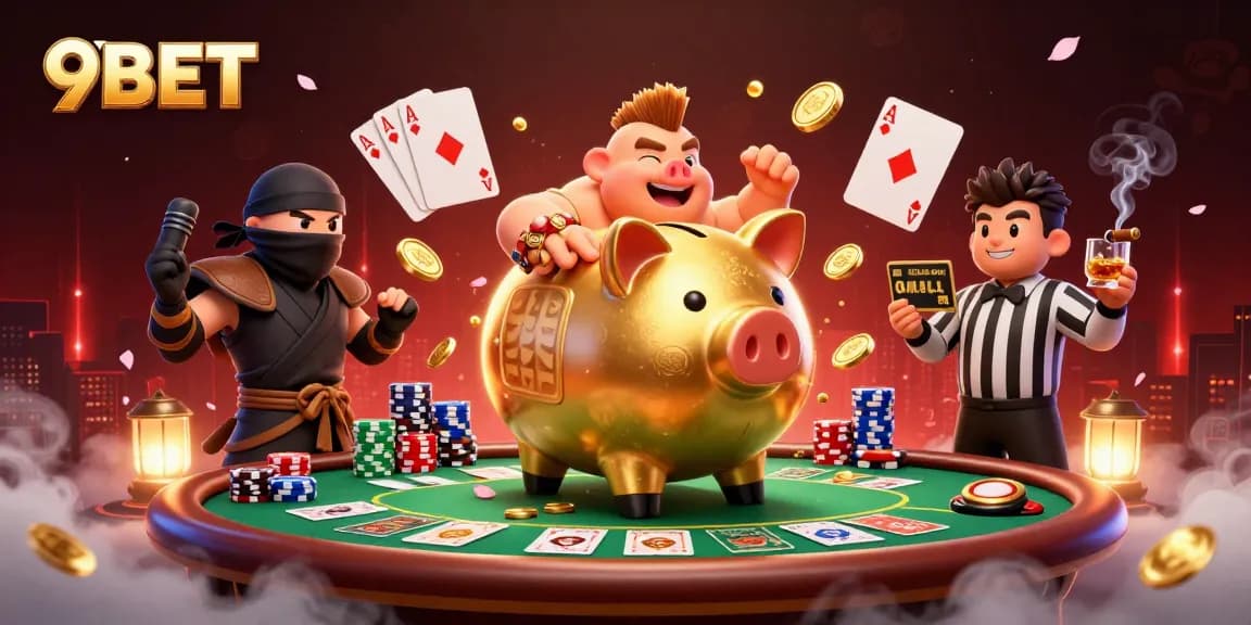 Experience the thrilling world of 9BET with a dynamic casino scene featuring action and excitement.