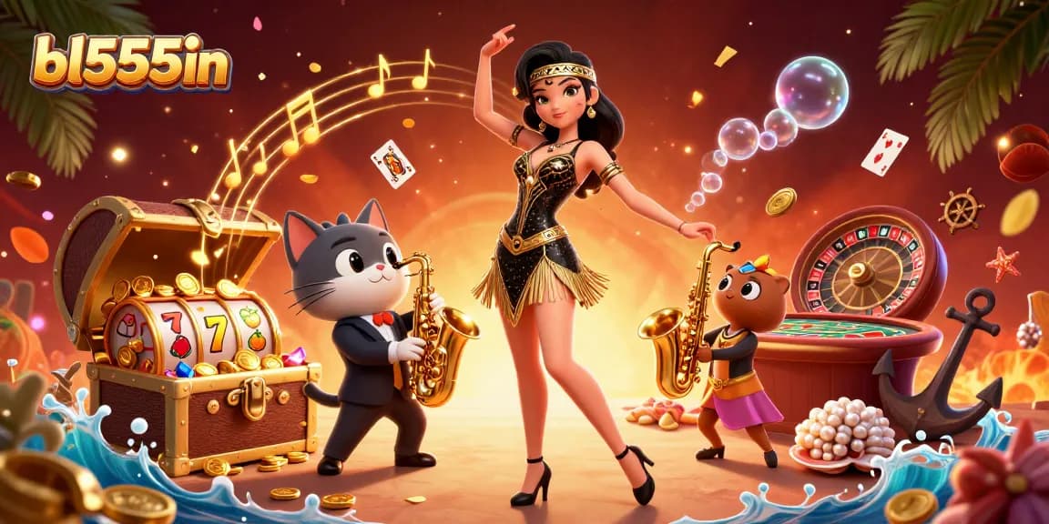 Engage with the bl555in platform while enjoying a vibrant casino-themed 3D digital art illustrating exciting games.
