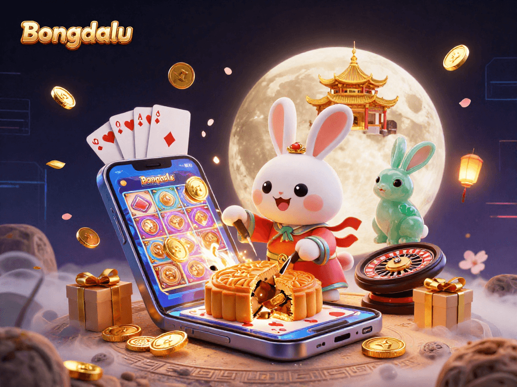 Bongdalu showcases a whimsical scene with a rabbit making mooncakes revealing poker chips amid vibrant gaming elements.