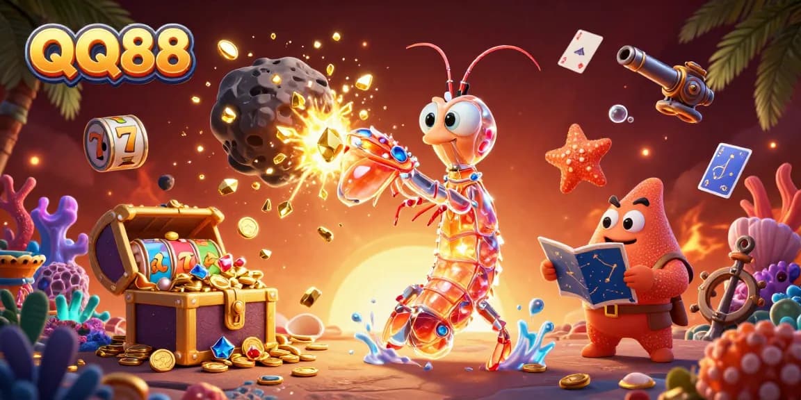Experience the excitement of QQ88 with vibrant casino elements in a dynamic 3D scene.