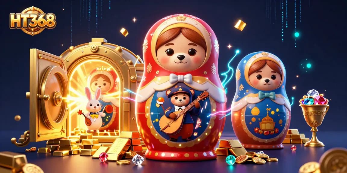 Experience the excitement of HT368 with cartoon bears and treasures in a vibrant casino scene.