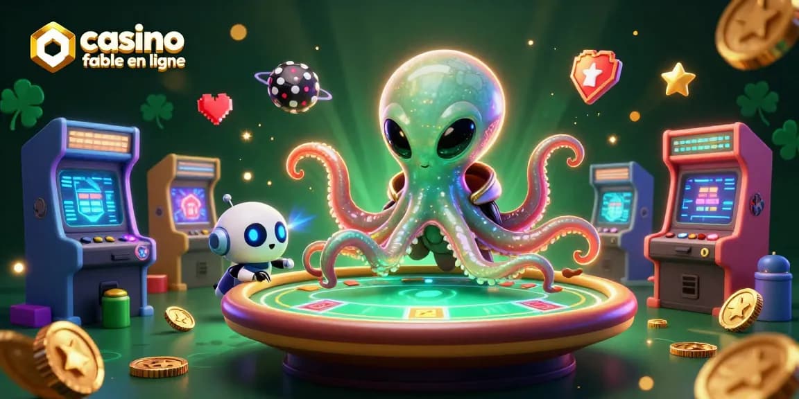 Découvrez un casino fiable en ligne où un octopus alien joue au poker dans une scène vibrante.