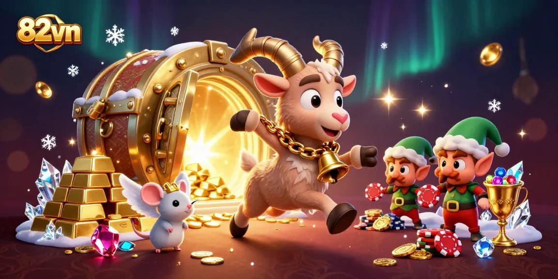 Experience thrills at 82vn's holiday-horror casino with playful cartoon characters stealing poker chips.