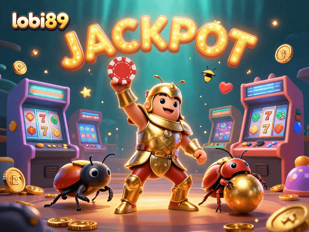 Permainan menyenangkan lobi89 dengan jackpot dan simbol slot, pengalaman bermain yang terlindungi.