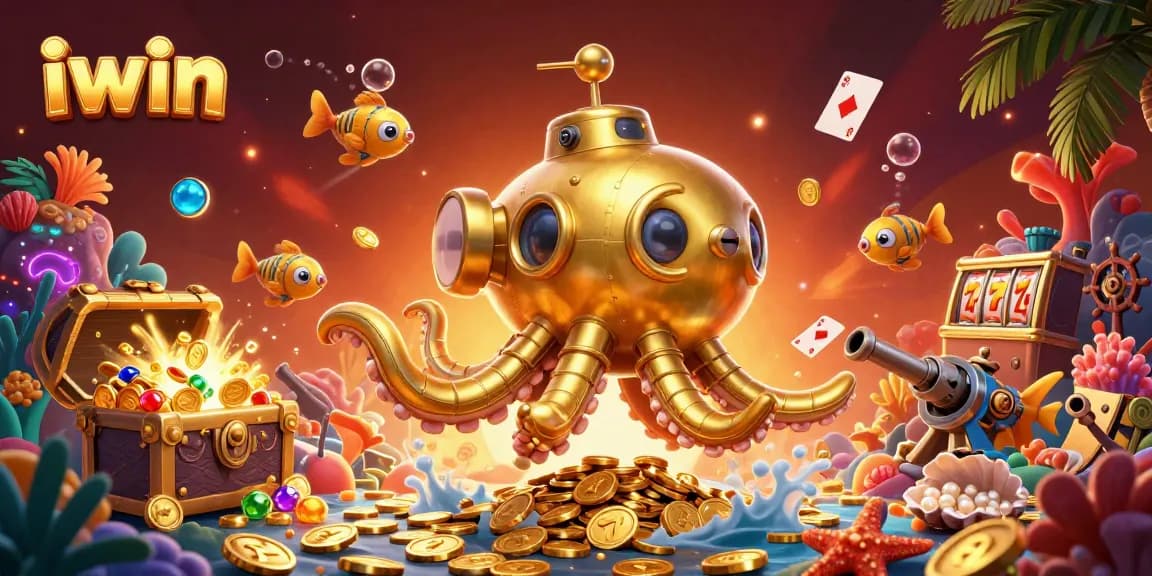 iwin promotions showcasing a golden kraken submarine amidst slot reels and treasure in a vibrant casino setting
