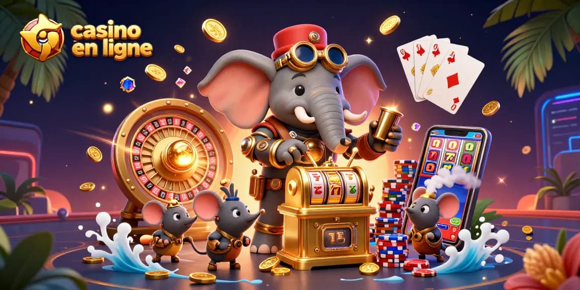 Illustration dynamique d'un casino fiable en ligne avec un éléphant steampunk jouant aux machines à sous et entouré de gains.