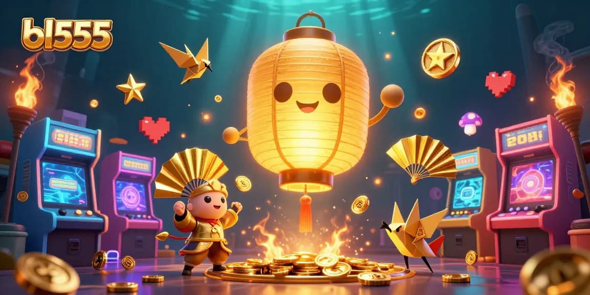 Experience the exciting games at bl555 with a vibrant casino scene featuring golden lantern spirits and arcade elements.