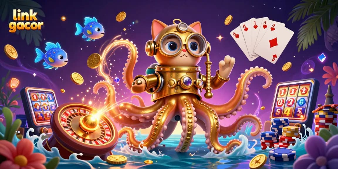 Spin jackpots with link gacor in this vibrant 3D casino scene featuring a kraken and diving cat.