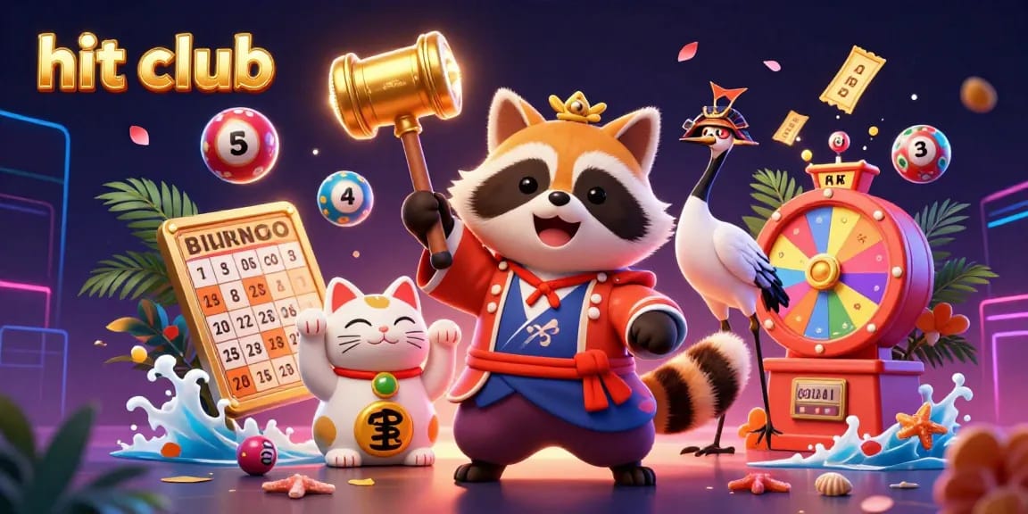 Experience thrilling gaming moments at hit club with an engaging 3D illustration filled with colorful casino elements.