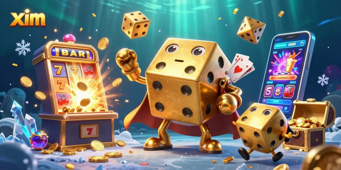 Win with xim as golden dice and playful characters illuminate a vibrant casino scene.